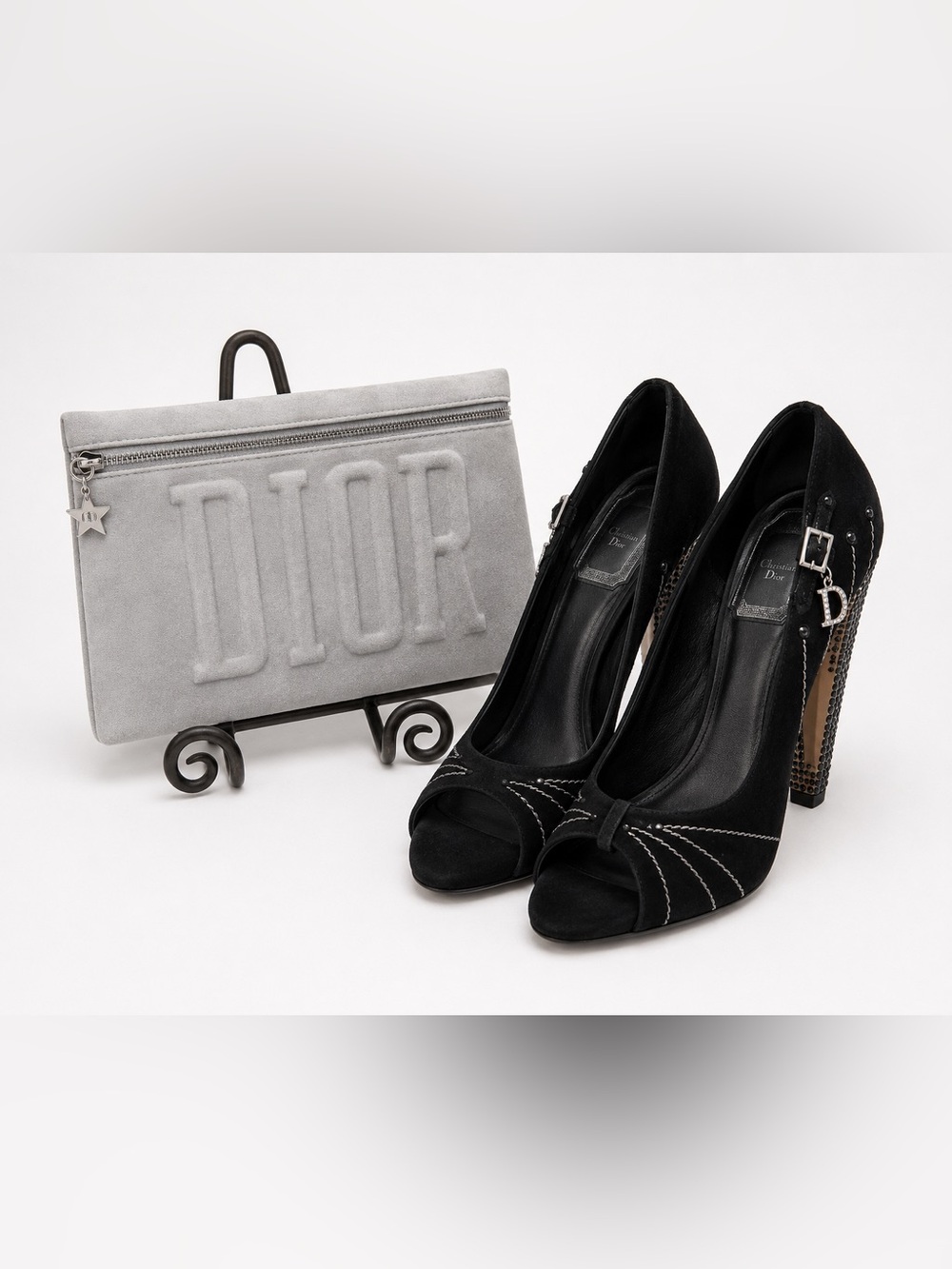 💯 Authentic Christian Dior Black Suede Peep Toe Heels with Studded Heel & Dior C - Picture 3 of 7